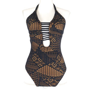 NEW!! Mossimo SIZE S Lace Crochet Overlay Halter One Piece Swimsuit Black Cute